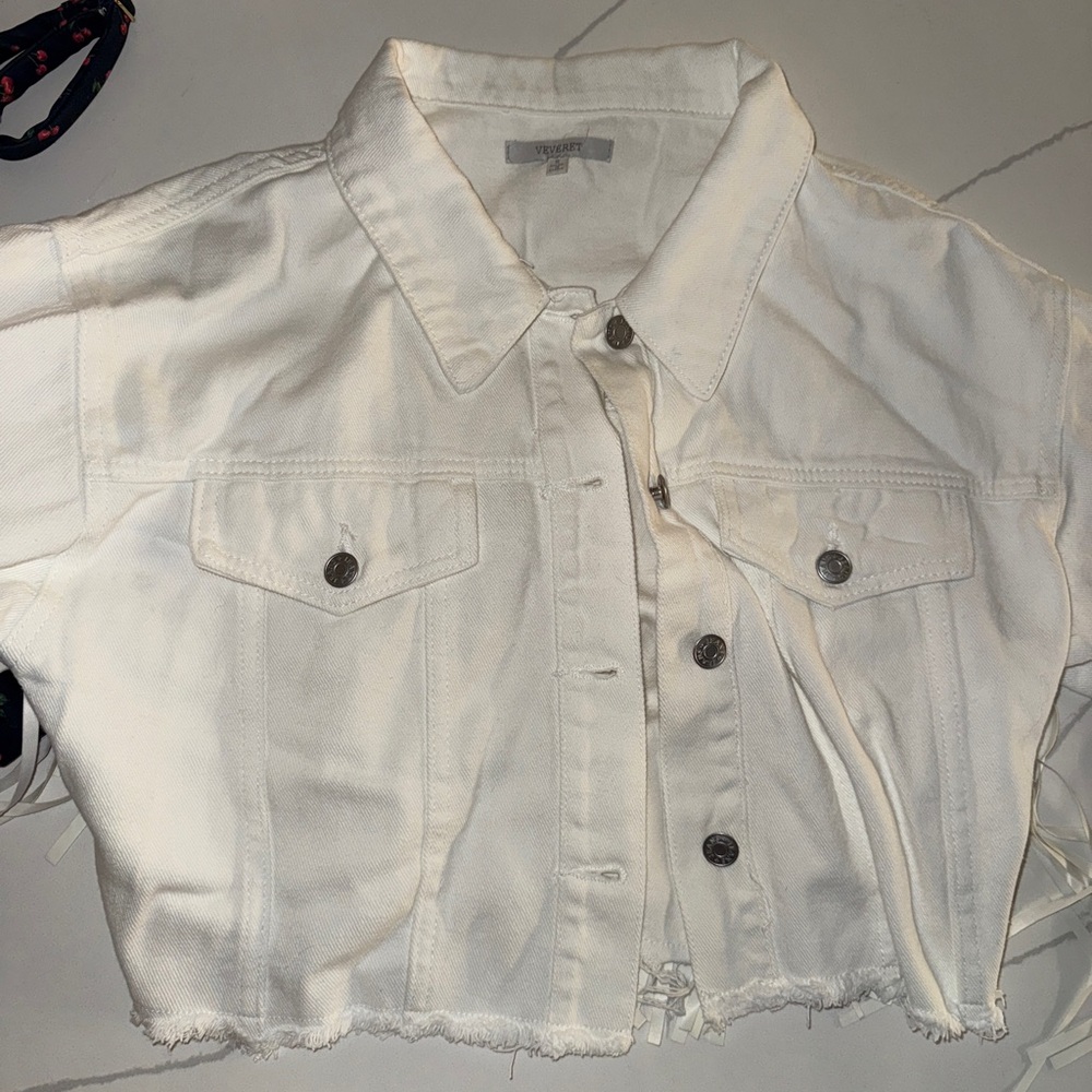 Vervet White Cropped Denim Jacket with fringe
